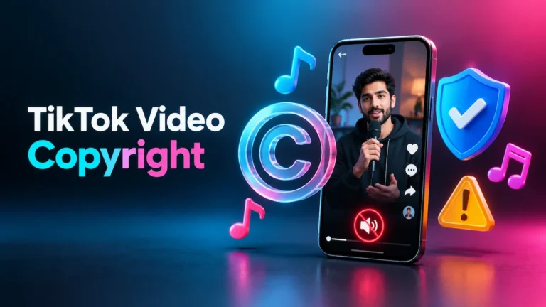 TikTok video copyright guide – phone showing a muted video with a copyright symbol and music notes